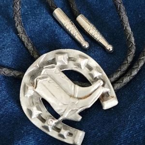 Vintage Pewter Western Upside-down Horseshoe & Cowboy Boots Bolo